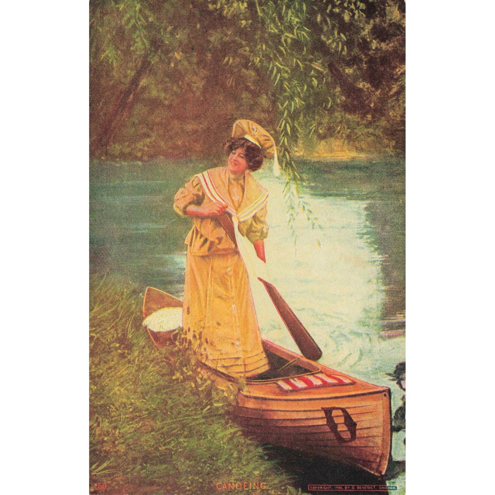 Vintage 1906 Canoeing Postcard Woman in Wooden Canoe Sailor Outfit O Benedict